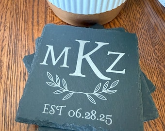 Personalized Slate Stone Coasters, Wedding Monogram, Engraved Initial Coasters, Set of 4
