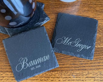Personalized Slate Coaster Set of 4 Laser Engraved with Name, Date & Monogram, Best Wedding Anniversary Gift Idea