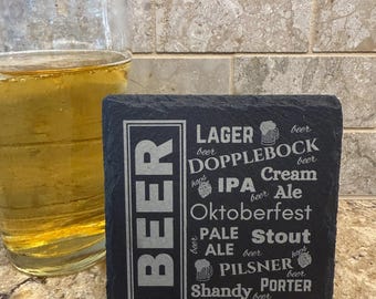 Laser Engraved Beer Lover Slate Coaster, Custom Beer Name Bar Decor