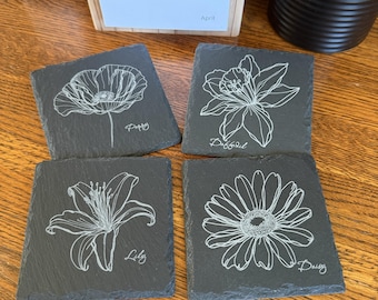 Engraved Floral Slate Coaster Set of 4 Natural Stone Drink Coasters with Flower Designs for Housewarming Home Decor Gift Ideas