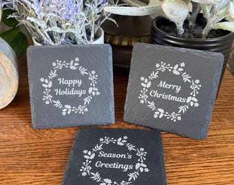 Custom Christmas Wreath Coaster Set of 4, Christmas Holiday Home Drinkware, Natural Slate Stone Coaster Christmas Gift Idea