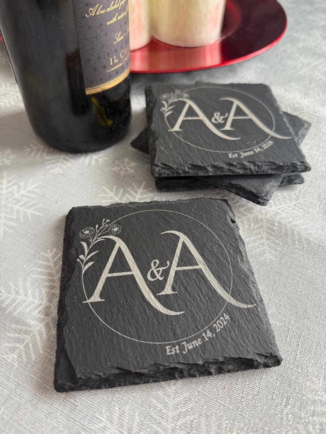 Monogram Tile Coasters Personalized Coasters Engraved Monogram Slate Coasters Set of 4 Custom ...