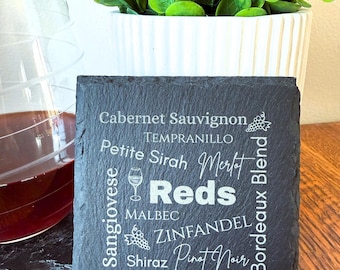Laser Engraved Slate Wine Coasters: Red & White Wine Designs