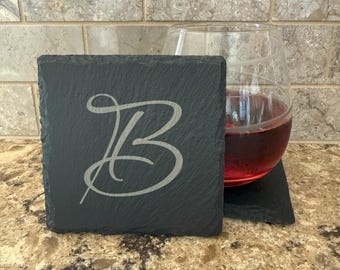 Monogram Slate Coaster Set of 4: Personalized Laser Engraved Stone Coasters, Monogrammed Initial Drink Coaster
