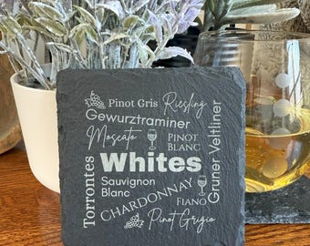 Laser Engraved Slate Wine Coasters: Red & White Wine Designs