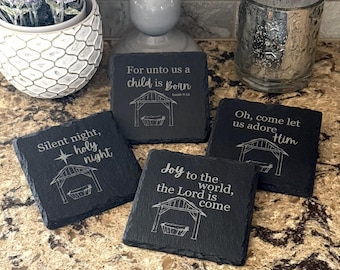 Christmas Nativity Coasters Set of 4, Engraved Slate Coaster Set, Christian Coasters, Silent Night, Joy to the World, Christmas Manger Scene