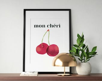 Mon Cheri Cherry Print, French Watercolor Wall Art, Cherry Decor