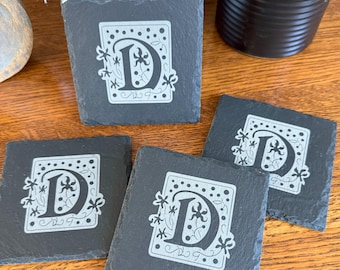 Engraved Monogram Slate Coaster Set, Personalized Bar Decor