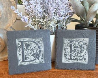 Personalized Slate Coasters, Set of 4 Slate Drink Coasters, Monogram Coasters, Engraved Monogram Stone Coasters, Housewarming Gift