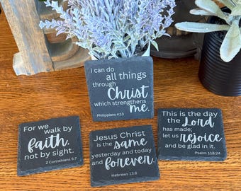Bible Verse Coaster Set, Inspirational Coasters, Engraved Bible Verse Decor, Christian Coaster, Religious Coasters, Scripture Slate Coasters