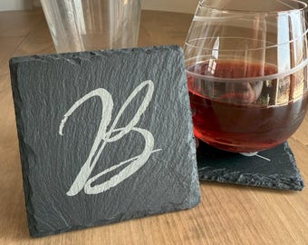 Monogram Slate Coasters Set of 4, Personalized Engraved Initial Coaster, Monogram Coaster, Custom Coaster, Monogram Wedding Gift, Home Bar