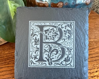 Engraved Monogram Slate Coaster, Custom Laser Engraved Personalized Coaster Set