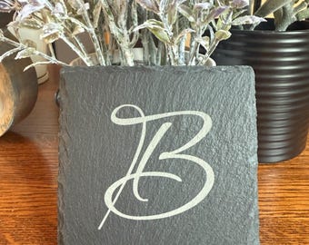 Monogram Slate Coaster: Laser Engraved Stone, Wedding Gift