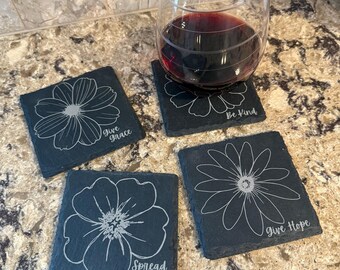Floral Slate Coasters, Laser Engraved Flower Line Art, Positive Affirmation Inspirational Home Decor, Set of 4