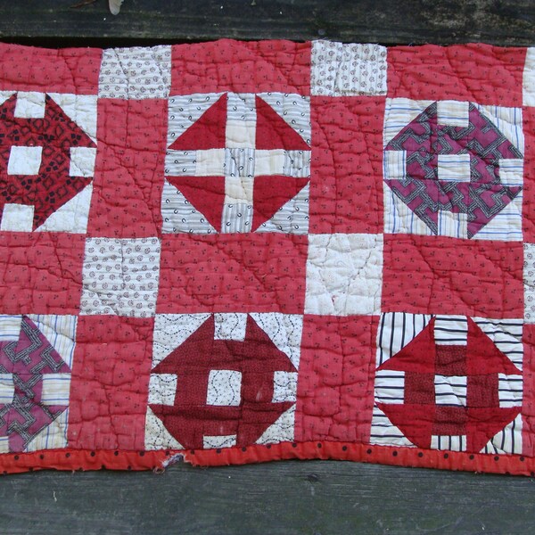 Antique Farmhouse Quilt Piece ~ Hand quilted ~ Over 100 years old ~ Monkey Wrench