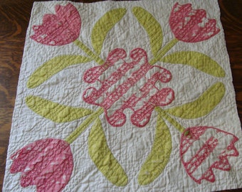 Very Old Cutter Quilt Piece ~ Distressed Appliqued Vine Red Flower ~ Hand Quilted  15" x 15"