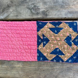 Vintage Cutter Quilt Piece ~ Early 1900’s Farmhouse Double pink - brown - blue 8” x 15”