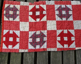 Antique Farmhouse Quilt Piece ~ Hand quilted ~ Over 100 years old ~ Monkey Wrench