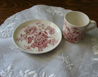 Vintage English Ironstone Pink Transferware Floral Small Cup and Saucer ~ Charlotte Royal Crownford Ironstone