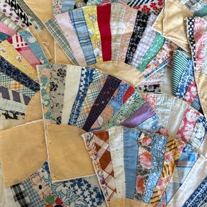 3 Vintage Colorful Fans  from an old Cutter Quilt. made out of Feedsacks in the 1940’s