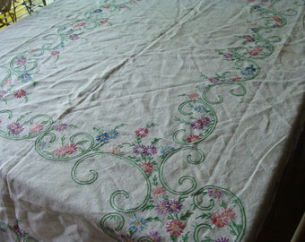 Beautiful Mess ~ Vintage Embroidered Tablecloth ~ Colorful Flowers