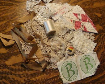 Vintage Bits n Supplies ~ ReClaimed Vintage Lace ~ Quilt Piece ~ buttons ~ silk thread ~ Slow Stitch ~ Sewing