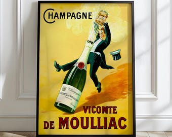 Poster del Vicomte de Moulliac: pubblicità di champagne francese, decorazione da parete per bar vintage