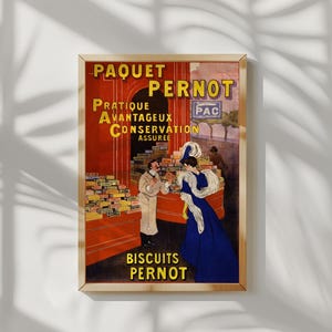 Cartel de galletas Paquet Pernot: Impresión publicitaria de comida francesa Art Nouveau Vintage