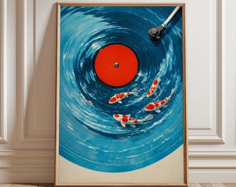 Koi Vinyl Record Poster: Japanese Zen, Blue Water Swirl, Turntable Minimalist Wall Art