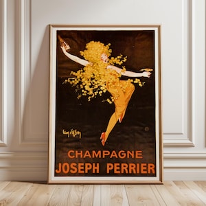 May include: A framed vintage poster featuring a figure with golden hair made of grapes, wearing an orange dress and red shoes, holding a bottle and glass against a black background. The text reads CHAMPAGNE JOSEPH PERRIER and Leonetto Cappiello.