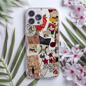 Coque de téléphone Kawaii Miffy & Yoshitomo Nara Receipt Collage – Coque transparente et esthétique pour iPhone 16/15/14/13 Pro Max et Samsung Galaxy S24/S23