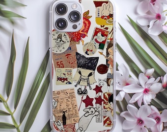 Kawaii Miffy & Yoshitomo Nara Receipt Collage Phone Case – Clear Aesthetic Cover for iPhone 16/15/14/13 Pro Max and Samsung Galaxy S24/S23