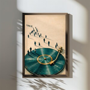 May include: Framed art print featuring a teal vinyl record with a gold center and tone arm. Silhouetted figures walk towards the record. The artwork is in a wooden frame and hangs on a white wall.