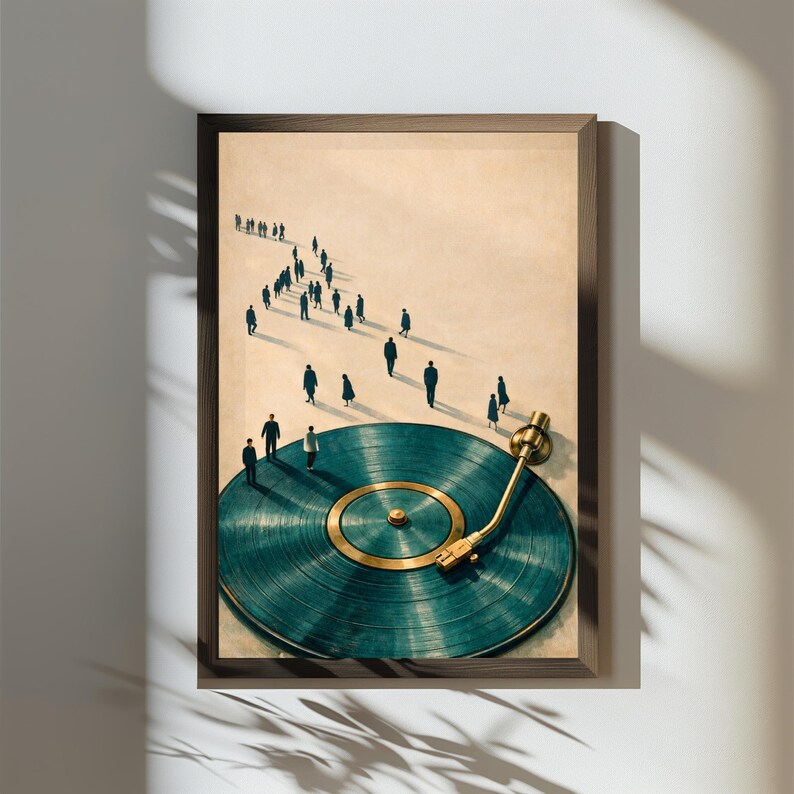 May include: Framed art print featuring a teal vinyl record with a gold center and tone arm. Silhouetted figures walk towards the record. The artwork is in a wooden frame and hangs on a white wall.