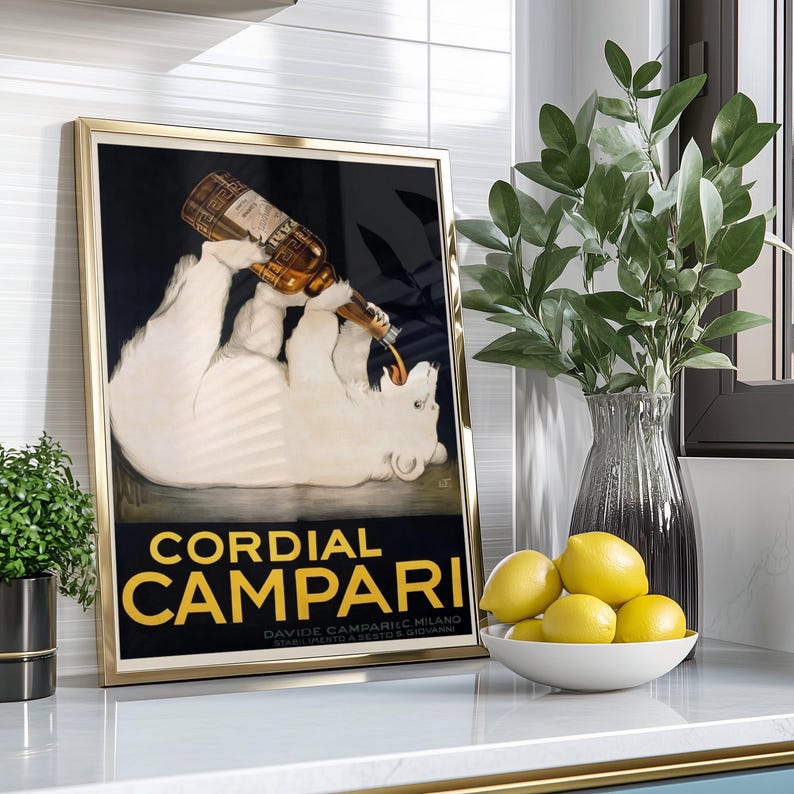 Poster dell'orso polare Campari: pubblicità italiana d'epoca, decorazione murale per bar per aperitivi immagine 2
