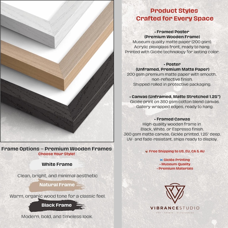 Op de afbeelding: Afbeelding met premium houten frames in wit, naturel en zwart. Tekst beschrijft frame-opties: ingelijste posters, niet-ingelijste posters en ingelijste canvas prints. De frames zijn ontworpen voor duurzame kleur en klaar om te worden weergegeven.