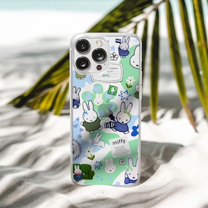 Funda para teléfono con collage japonés de Miffy con bonito diseño de conejito, tablero de estado de ánimo con estética Shuffle, iPhone 16, 15, 14, 13 y 12, Samsung Galaxy S24, S23 y S22