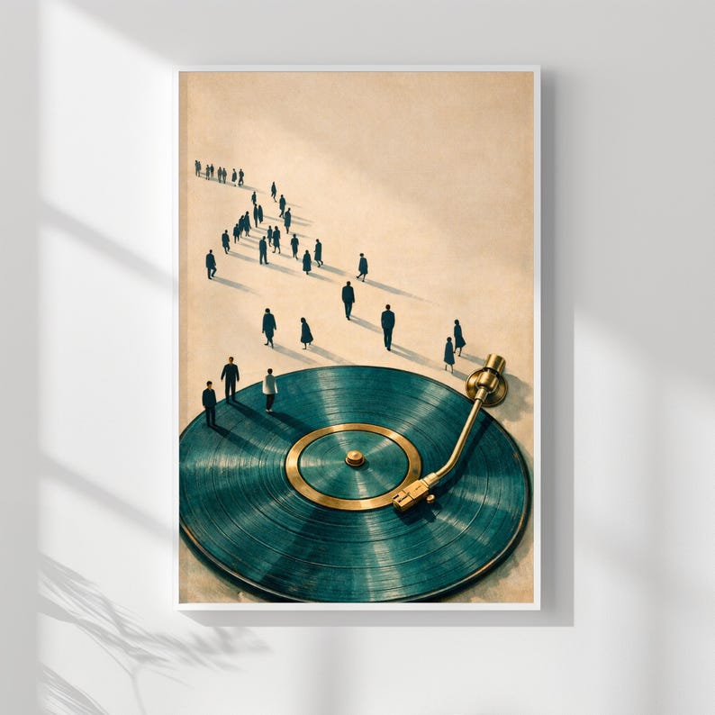 May include: Art print featuring a teal vinyl record with gold accents and a tonearm. A line of miniature figures walks towards the record. The artwork has a surreal, conceptual theme, with a neutral background and a white frame.