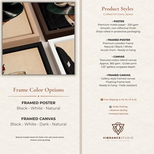 May include: A product display showing four framed art options in black, white, and natural wood finishes. Text details product styles including posters on 200 gsm matte paper, framed posters with acrylic fronts, and 1.25 inch deep gallery-wrapped canvas.