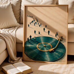 May include: A framed art print featuring a teal vinyl record with a gold tone needle and center. Silhouetted figures walk along a path towards the record. The artwork is displayed in a light wood frame.