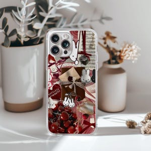 Capa de celular vermelha fofa e estética – Capa transparente com estampa de coelho Miffy com colagem de cerejas, design de letras românticas para iPhone 11, 12, 13, 14, 15, 16 Pro Max
