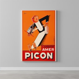 May include: Vintage advertisement poster for Picon Amer, featuring a stylized illustration of a man carrying bottles and a glass. The poster has a vibrant orange background with red and white text.