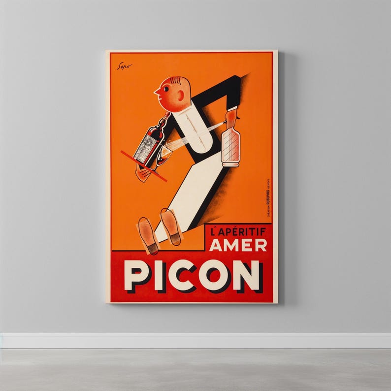 May include: Vintage advertisement poster for Picon Amer, featuring a stylized illustration of a man carrying bottles and a glass. The poster has a vibrant orange background with red and white text.