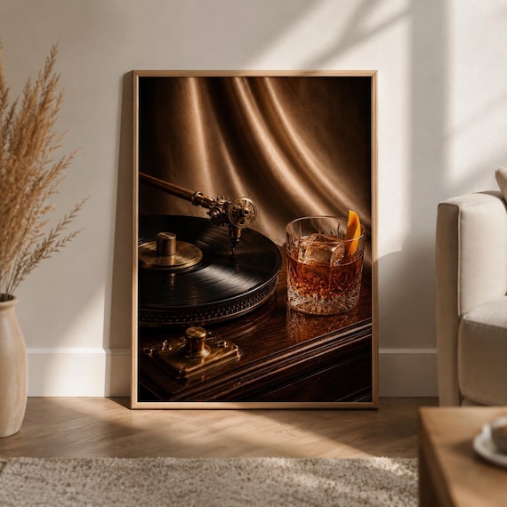 Negroni Turntable Poster: Vintage Record Player, Moody Bar Cart, Listening Room Wall Art