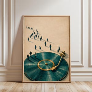 May include: Framed art print featuring a teal vinyl record with a gold tone arm and center. Silhouetted figures walk along a path leading from the record. The artwork has a vintage aesthetic with a neutral background and wooden frame.