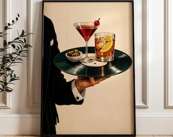 Poster in vinile per vassoio da cocktail: cameriere in abito elegante, Martini Old Fashioned, decorazione murale da bar in stile metà secolo