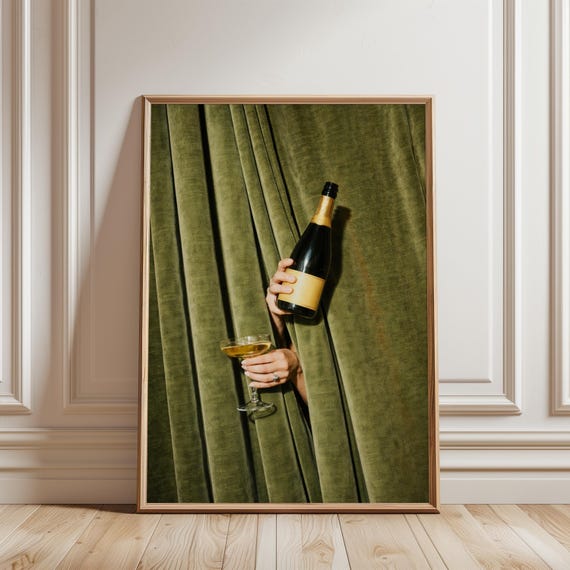 Champagne Wall Art: Green Velvet Curtain Poster, Moody Cocktail Bar Decor, Vintage Glam Print