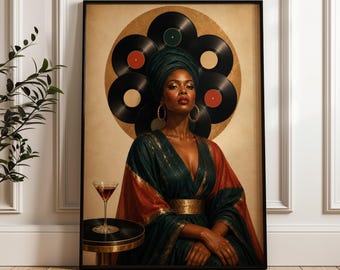 Afrocentric Vinyl Poster: Soul Jazz Portrait, Retro Record Halo, Cocktail Lounge Wall Art