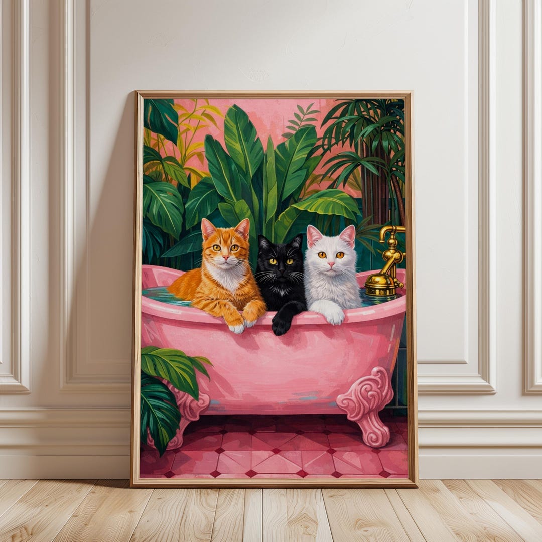 Cats in Pink Bathtub Poster: Funny Cat Bathroom Decor, Whimsical Wall ...