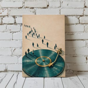 May include: An artistic print featuring a teal vinyl record with a gold tone arm and a path of silhouetted figures. The figures appear to be walking towards the record player.